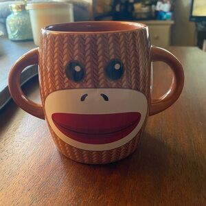 Brown Sock Monkey Double-Handle Ceramic Mug, like new